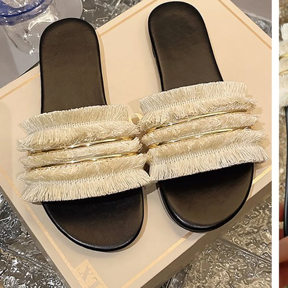 TASSEL SANDALS CREAM AND GOLD- black bottom 38 size (7.5) NEVER WORN NEW IN BOX - Picture 2 of 2